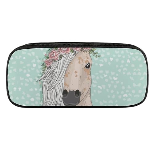 ペンケース 筆箱 大容量 軽量 可愛い 馬 花輪 花柄 グリーン 筆入れ ふでばこ ペンポーチ 多機能 コンパクト シンプル おしゃれ 中小学生 高校生 女の子 男の子