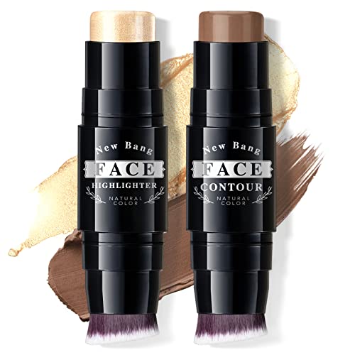 Newbang 2Pcs Contour Highlighter Stick,Cream Bronzer Foundation Pen,Face Brighten Shade Makeup Highlighting Shaping Trimming Wand With Brush Blendable Waterproof Longwear For Body Cheek -Matte&Pearl #TOP24