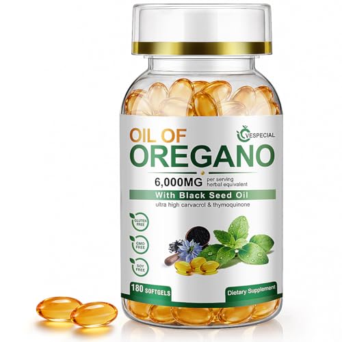 Oil of Oregano with Black Seed Oil Softgels Oregano Oil Capsules 6000mg Per Serving 180 Count | 2 in 1 for Immune Health Non-GMO No Gluten Natural Herbal Oregano Supplement