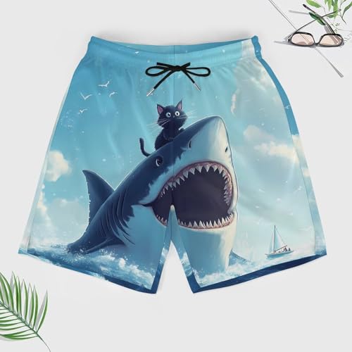 Funny Cat and Shark Mens Swim Trunks Quick Dry Beach Board Shorts with Pockets4