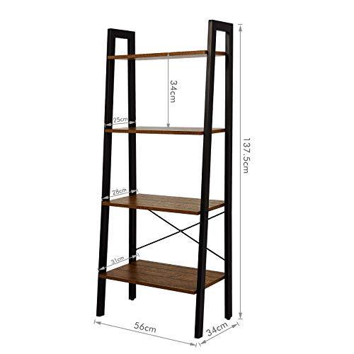 Meerveil Bibliothèque Rétro, Meuble de Rangement, Étagère échelle à 4 Niveaux, Style Industriel pour Salon, Balcon, Cuisine, Salle de Bain, 56 x 34 x 138 cm, Marron Rustique et Noir - Image 5