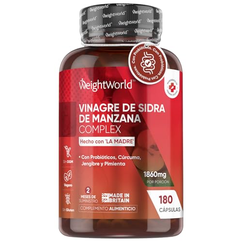 Vinagre de Sidra de Manzana con la Madre 1860mg de Potencia 180 Cápsulas Veganas - Con Probióticos, Cúrcuma, Jengibre y Pimienta de Cayena, Suplemento Dietético Natural Para 2 Meses