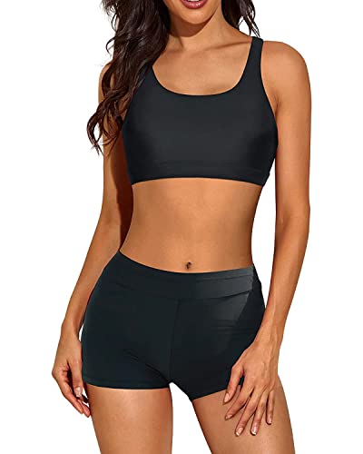 Image of 3 Piece Tankini Long Sleeve Swimsuits Athletic Rash Guard Bathing Suits | Modest,Full Coverage,High Waisted Short,Quick Dry,Criss Cross Back