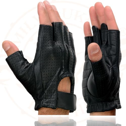 Image of Milwaukee Leather SH198 Men's Black Flame Embroidered Fingerless Gloves with Gel Palm | Padded Comfort; Vibration Relief; Flame Embroidery