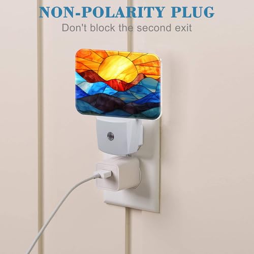Image of Stained Glass Sunset Night Light Plug into Wall, Colorful Glass Mountains Night Light with Dusk to Dawn Sensor for Kid Girls Boys Women Men Room, Hallway, Kitchen, Bathroom, Stairs Decor