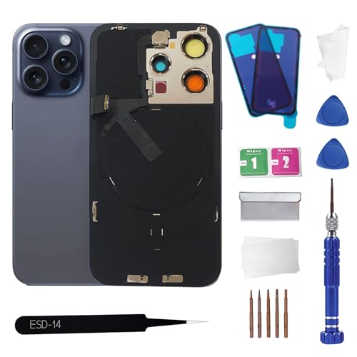 15Pro Back Glass Replacement with Wireless Charging Flex Cable and Camera Frame All Parts for iPhone 15 Pro(6.1Inch,Blue Titanium) Replacement of Equipment Waterproof Tape