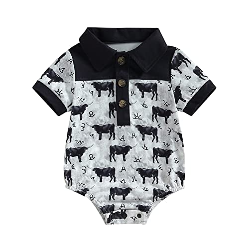 Image of KtwHarnu Western Baby Boy Clothes Cow Print Short Sleeve Button Down Shirt Romper Bodysuit Western Cowboy Outfit (Grey C, 0-3 Months)