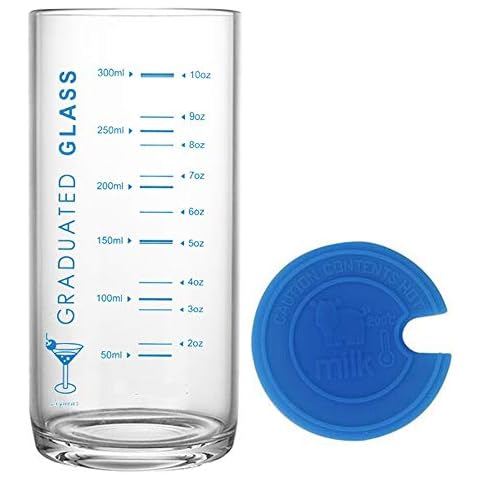 TAMUME Milk Glass Tumbler and Cup with Measures, Glass with Measurements and Silicone Lid, Max. Capacity 330ml (Blue) Cover
