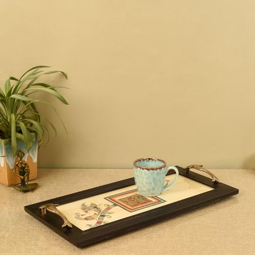 Image of Aakriti Art Creations Heritage Blend Tray, Serving Platter Beige | Madhubani Art with Matte Finish, Handcrafted Metal & Wood Tray with Handles | Tray for Kitchen Decor & House Warming Gifts