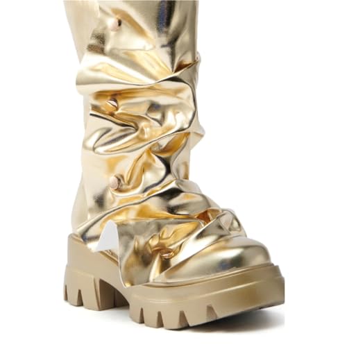 DETOGNI Womens Metallic Mid Calf Pull-On Fit Flat Boots Scrunched Detachable Overlay Snap Buttons Chunky Platform Rounded Toe Booties3