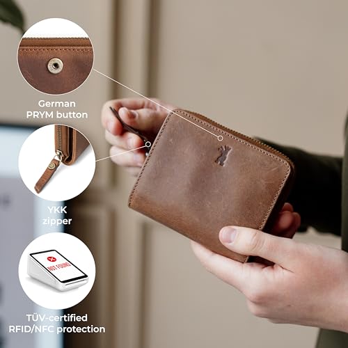 Image of BERLINER BAGS Genuine Leather Small Wallet Women Sara, Gift Box - Brown | Soft Leather Bifold Zip Wallet, Fits Purses & Crossbody Bags, 8 Card Slots, Zipped Coin Pocket, RFID Blocking