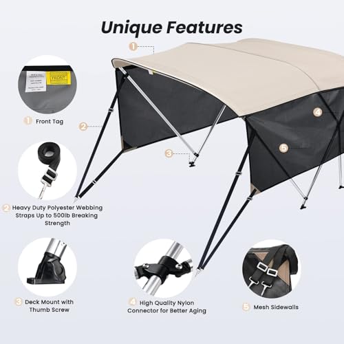 Image of KAKIT 3 4 Bow Bimini Tops with Mesh Sidewalls Support Poles for Boats Marine Grade Canvas Top Includes 2 Straps Storage Boot 1 Inch Aluminum Frame