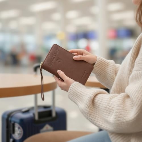 Image of Mensch Faux Leather Travel Passport Holder, RFID Blocking Premium Travel Document Organiser with Secure Zipper Closure Passport Cover & Travel Accessories for Men & Women (L.Brown)