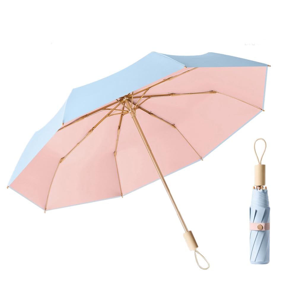 LCY Folding Umbrella Anti-UV Parasol with Wooden Handle Sunproof Rainproof & Windproof Umbrella-Blue&Pink
