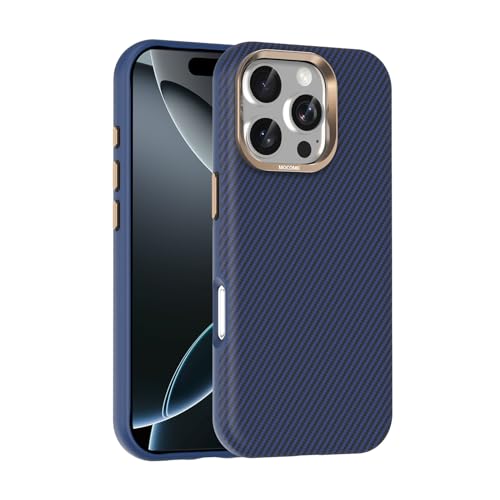 Étui iPhone 16 Pro fibre de carbone luxe et cuir fin bleu marine