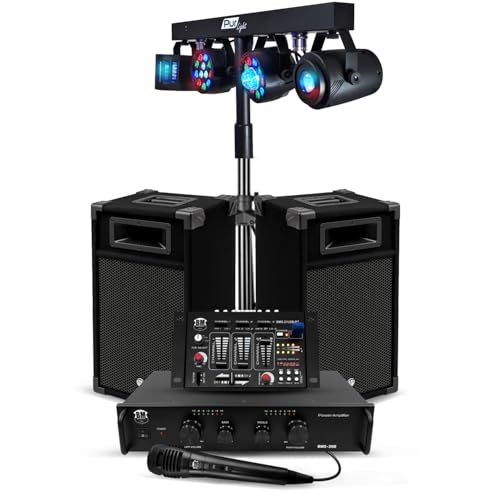 Pack Sono 300W Bm Sonic BMS-DJ300-USB-BT Initiation DJ Enceintes Ampli Table de Mixage Bluetooth, Kit d'éclairage Euphoria LED