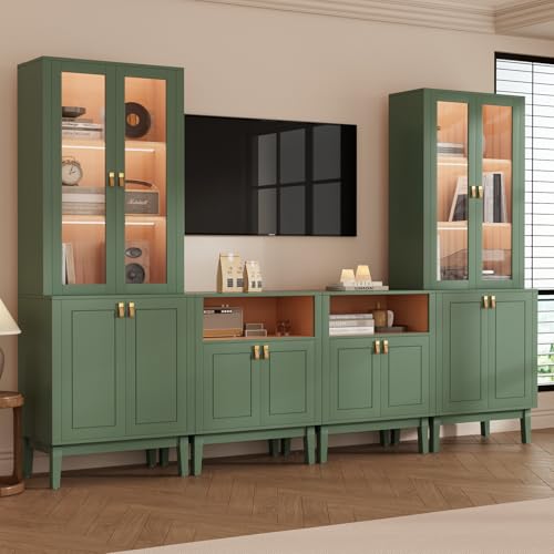 VOWNER Meuble TV Bibliotheque avec LED, 240 cm Grand Meuble Télé avec Portes en Verre pour TV jusqu'à 50 Pouces, Meuble TV Set, Buffet pour Salon, Cuisine,...