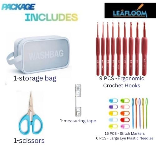 Image of Crochet Set, Premium Crochet Kit for Beginners & Experts | 9 Ergonomic Crochet Hooks, 6 Multi-Color Yarn Balls, Stitch Markers, Tapestry Needles, Scissors, Measuring Tape & Travel Washbag Organizer