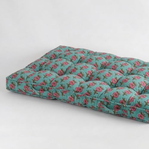 Image of Low Seating Floor Cushion 70 x 152 cm with 2 Back Support Cushions | Thick Quilted Cotton Floor Mattress Pad | Floral Printed Gadda for Sitting, Meditation, Yoga & Living Room Floor Seating
