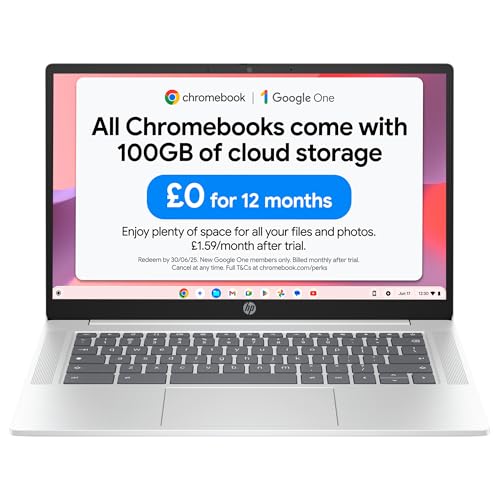 HP Chromebook 14' | Intel Processor N100 Processor| 4 GB RAM | 128 GB Flash Storage | Intel UHD Graphics | HD Display | Up to 12hrs battery | Chrome OS | Dual Speakers | Glacier Silver | 14a-nf0002sa