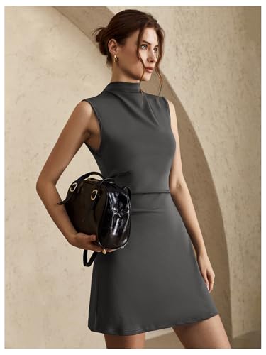 Women's Mock Neck Ruched Mini Dress Sleeveless Flared A Line Work Office Dresses3