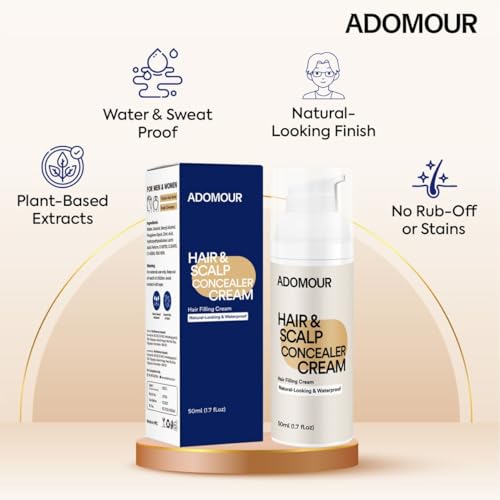 Image of ADOMOUR Hair & Scalp Concealer Cream, 50ml | Covers Grey Roots & Bald Spots Instantly | Sweat Resistant & Stain Proof 24 Hour Formula | Professional & Natural Looking Hair Coverage | For Men & Women