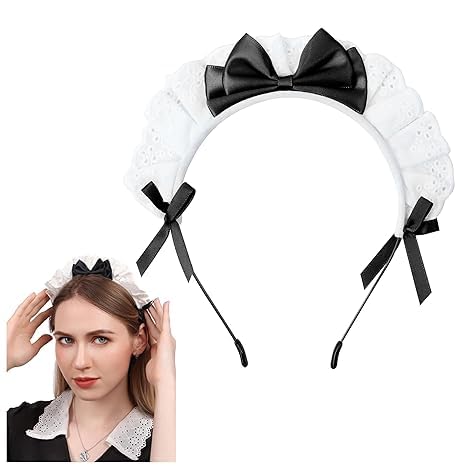 Women's French Maid Headband Ribbon Lace Kawaii Headwear Headpiece for Halloween Christmas Costume (Black white)