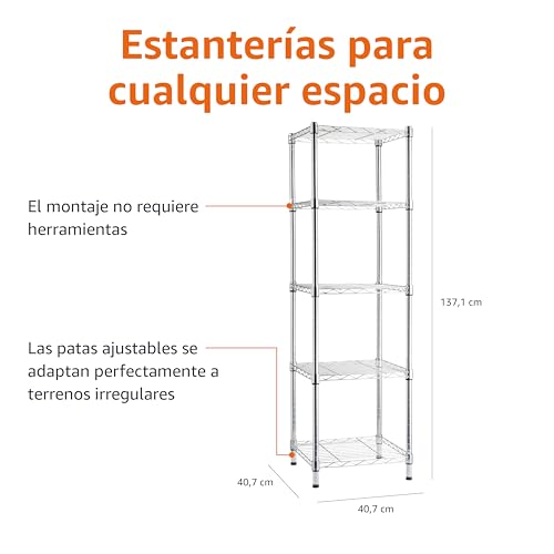 Miniatura 3 de Amazon Basics Estantería Ajustable Con 5 Baldas, Cromado, 40.6 Cm X 40.6 Cm X 137 Cm Profundidad X Ancho X Alto