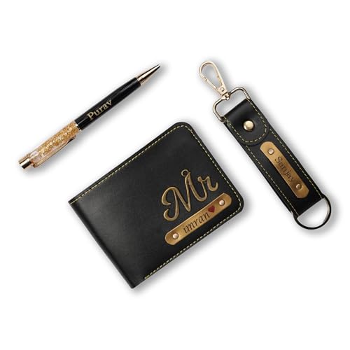 Image of Customised Leather Original Wallet with Pen, Keychain Gifting Hamper Set for Men with Name Plate, Personalized Purse, Unique Stylish Gift for Husband, Birthday, Valentine's Day- Black