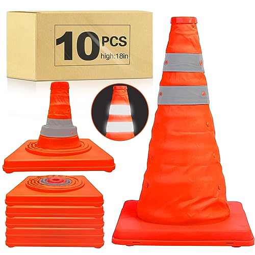 Image of TENKAIWICK 18 Inch 10 Pack Traffic Cones, Collapsible Safety Cones, Multi Purpose Pop-up Cones with Reflective Collar, Orange Cones for Parking lot, Driveway, Driving Training etc
