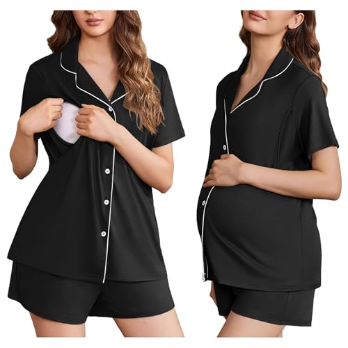 Image of Ekouaer Women's Maternity Nursing Pajama Sets Button Down Postpartum Pajamas Short Sleeve Breastfeeding Clothes