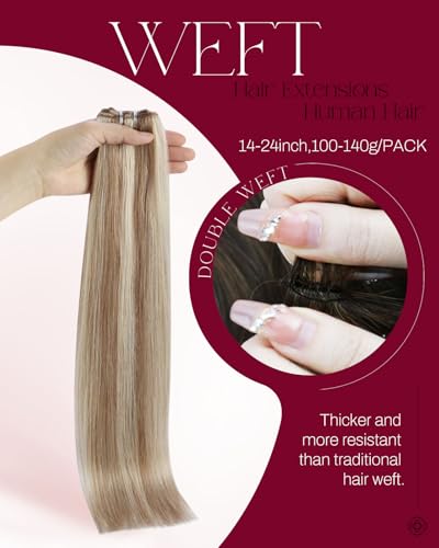 Image of Moresoo Sew in Extensions Human Hair, Highlight Brown with Blonde, 20 Inch 100g