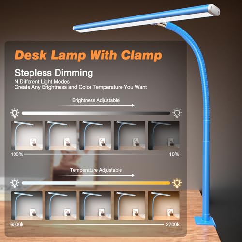 Image of Airlonv LED Desk Lamp for Office Home, Eye-Caring Desk Light with Stepless Dimming Adjustable Flexible Gooseneck, 10W USB Adapter Desk Lamp with Clamp for Reading, Study, Workbench (Blue)