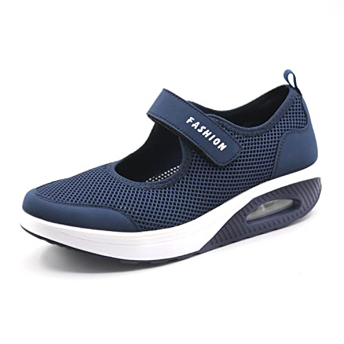 VARSKARC Women's Casual Air Cushion Platform Sneaker Mary Jane Shoes Navy Blue