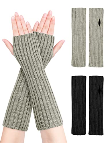 MELLIEX 2 Paar Lang Handschuhe Fingerlos, Winter Pulswärmer Handschuhe Unisex, Strick Handstulpen Damen(Schwarz/Grau) Cover