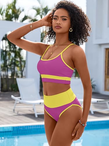 Image of ANRABESS Women's High Waisted Bikini Sets,Color Block 2 Piece Swimsuits,Tummy Control Bathing Suits,Thick Ribbed Beach Wear