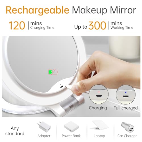 Rechargeable-Magnifying-Makeup-Mirror-10X1X-Double-Sided-Lighted-Travel-Makeup-Mirror-with-3-Color-Light-Adjustable-Rotation-LED-Vanity-Tabletop-Portable-Desk-Cosmetic-Foldable-Mirror-No-Bag