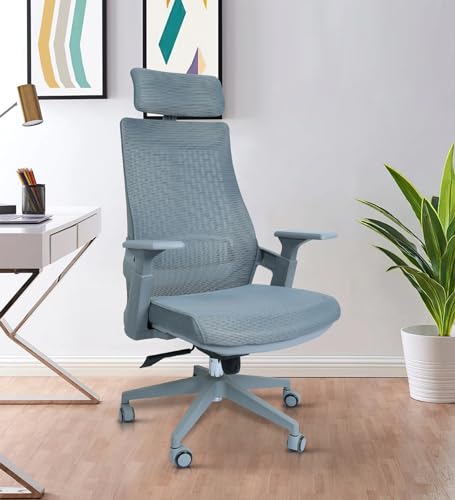 Image of Lakdi The Furniture Co High Back Mesh Office Chair with Headrest for Directors & Executive | Ergonomic Revolving Chair with Adjustable Height | Grey Chair for Work from Home & Office Use