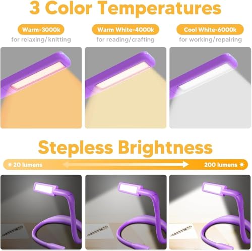 Image of Voilet Neck Light with Storage Case: Back to School Gifts 10-80Hrs Eye-friendly Book Reading Light Knitting Crochet Sewing Craft Light Rechargeable Adjustable, Book Lovers Gifts for Knitters Crafters