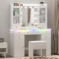 Wodeer Vanity Desk with Mirror and Lights, 43\" White Makeup Vanity Set with 5 Drawers & Glass Cabinets, Storage Stool, Power Outlet & Adjustable LED Lights, Dressing Table for Women & Girls Bedroom