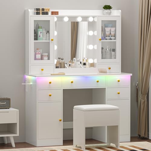 Wodeer Vanity Desk with Mirror and Lights, 43' White Makeup Vanity Set with 5 Drawers & Glass...
