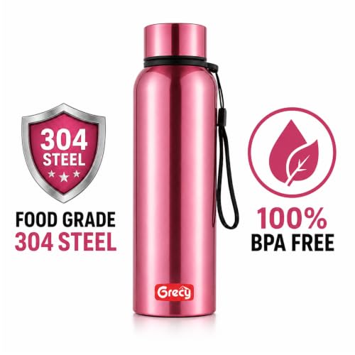 Image of GRECY Hydra Sip Steel Water Bottle 1000ml Metallic Pink | Leak Proof | BPA Free | Food Grade Stainless Steel | Rust Proof | Single Wall | Odour Free | Lightweight | School Office Travel