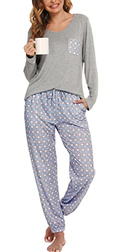 Lovasy Schlafanzug für Damen Lang Pyjama Damen Pijamas Woman Set Baumwolle Nachtwäsche Schlafanzüge Zweiteiliger mit Bündchen,grau,XXL Cover