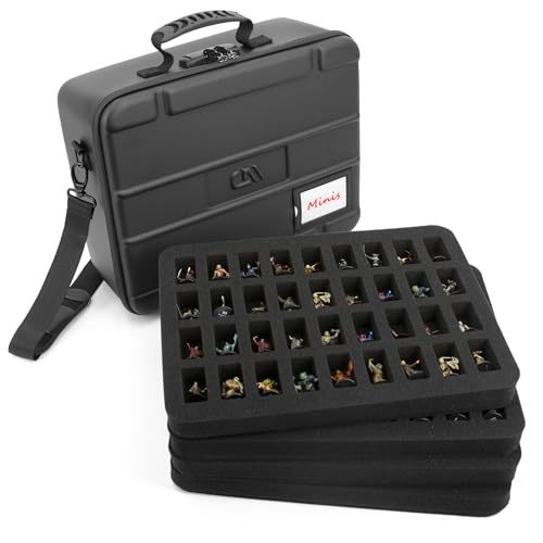 CASEMATIX Miniature Carrying Case with Programmable Lock - 144 Slot Miniature Storage Case with Four Impact-Absorbing Foam Trays For Minis, Adjustable Shoulder Strap, ID Card Holder and More!
