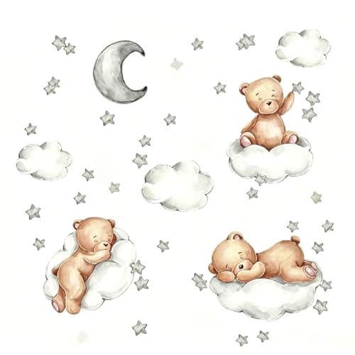 Stickers Muraux Animaux Autocollant Mural Ours Nuages Lune et Étoiles Amovible Art Stickers, Muraux Ourson pour Enfants,Décoration Chambre Bébé,...