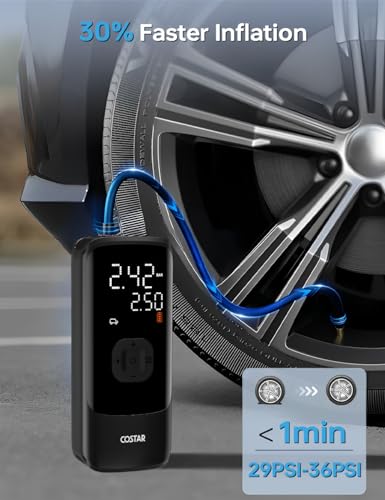 Image of COSTAR Air Compressor Tyre Inflator for Car, 50Psi Cordless with Accurate Pressure LCD Display, 4000Mah Portable Air Pump, 2X Faster Inflation, Suitable for Motorcycle, Cycle, E-Bikes, Black
