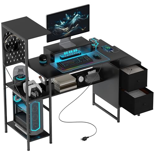 HOMCOM 56' Gaming Desk with Power Outlets and LED Lights, Computer Desk with Monitor Stand, 2 CPU Stands and Pegboard for Home Office, Black