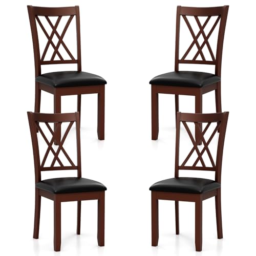 Image of COSTWAY Wooden Dining Chairs Set of 4 with PU Leather Padded Seat, Walnut | Farmhouse Armless Kitchen Side Chair with Rubber Wood Frame & High Back for Dining Room, Living Room and Restaurant