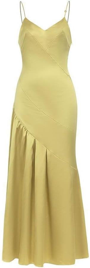 JSEIAJB Sexy Silky Halter Splicing Backless Pleated Slimming Dress for Women