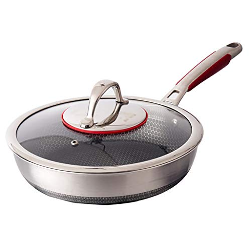 SH-chaoguo Fry Wok/Frying pan/ 304 Stainless Steel uncoated Non-Stick pan/Cooking pan with lid (26/28 cm), for Induction Cooker, Gas Stove (Size : 28cm)